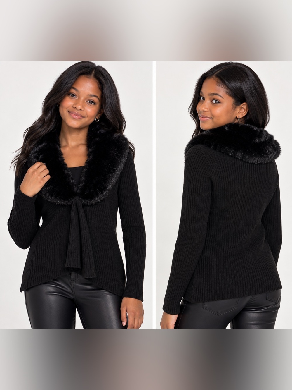 Art Class Girls XL 14/16 Black Ribbed Faux Fur Collar Cardigan Sweater